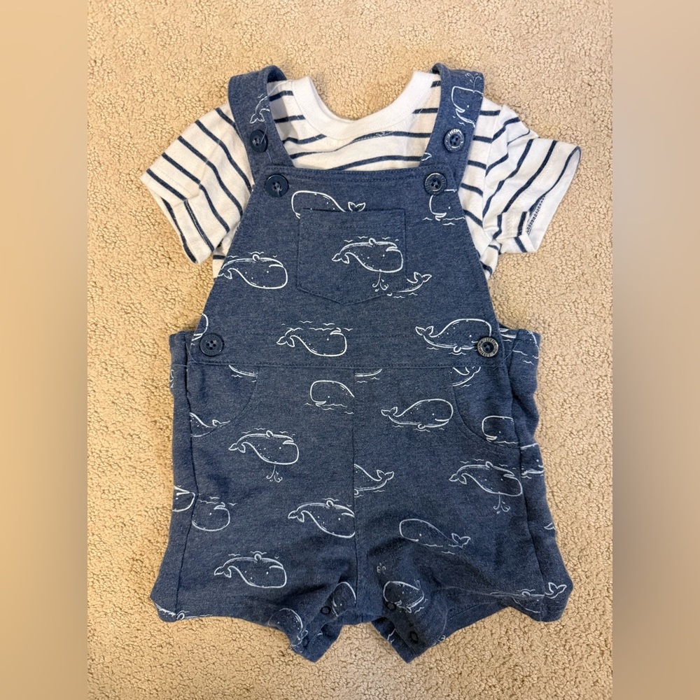 Little Me Whale Shortall Outfit Set 12M Blue Nautical Overalls + Striped Shirt